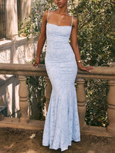 Laden Sie das Bild in den Galerie-Viewer, Elegant Blue Jacquard Sexy Suspender Fishtail Maxi Dress