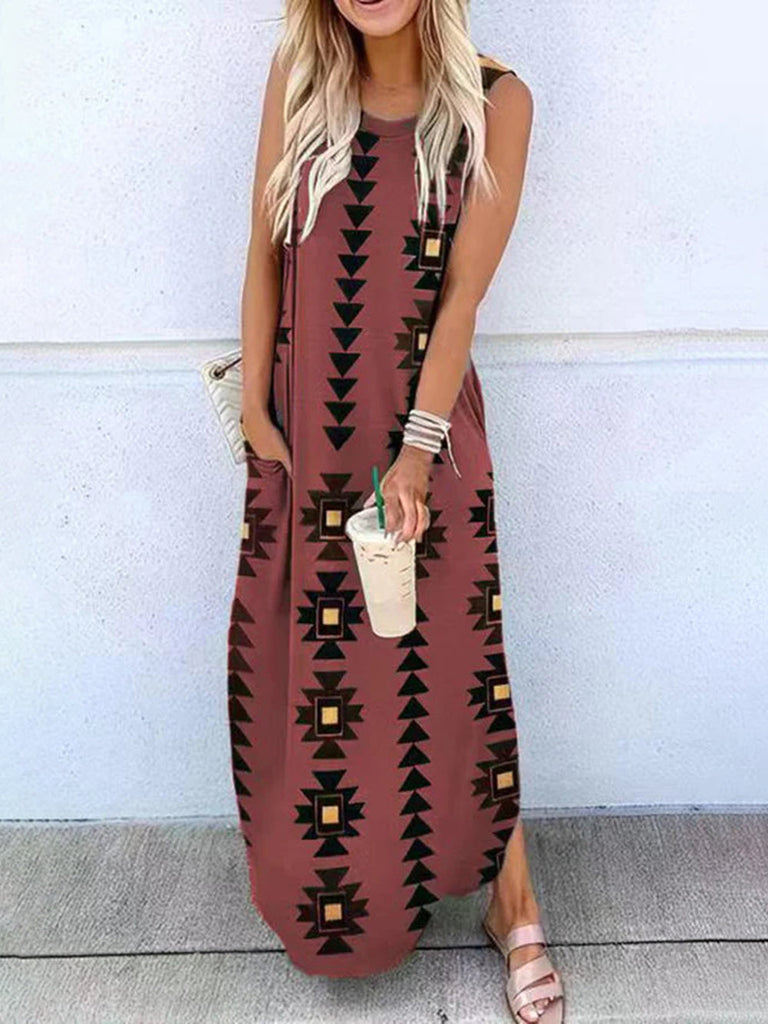 Celina Geometric Hippie Print Pocketed Knit Maxi Dress