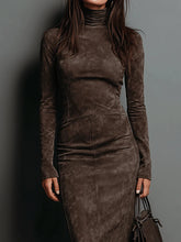Load image into Gallery viewer, High Neck Long Sleeve Suede Midi Dress