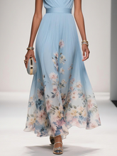 Load image into Gallery viewer, Light Blue Floral Chiffon V Neck Sleeveless A-Line Maxi Dress