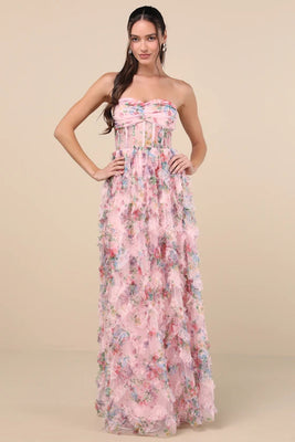 Stunning Element Mesh Ruffled Strapless Maxi Dress