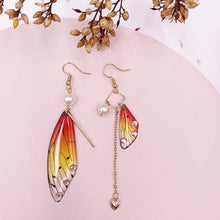 Load image into Gallery viewer, Butterfly Wing Orange Gold Foil Cicada Wing Tassel Earrings