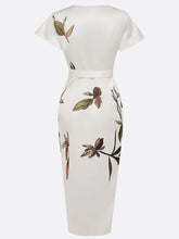 Lataa kuva Galleria-katseluun, White Leaf Short Sleeve Satin Wrap Sheath Midi Dress