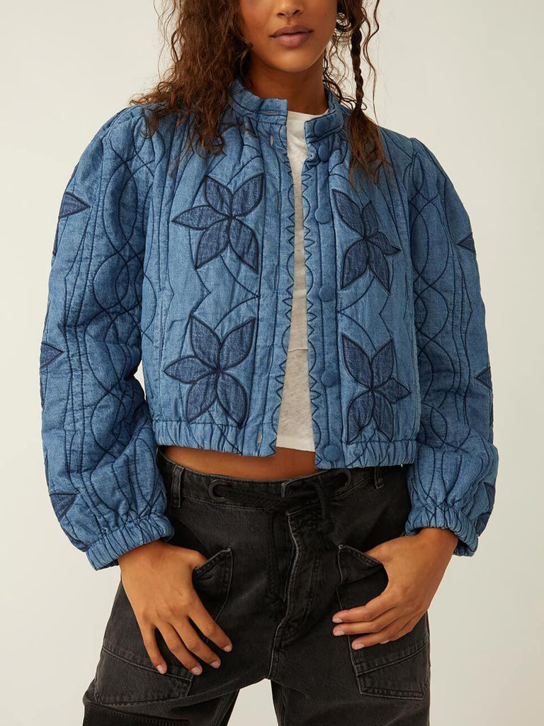 Long Sleeve Button Blue Embroidered Cropped Jacket