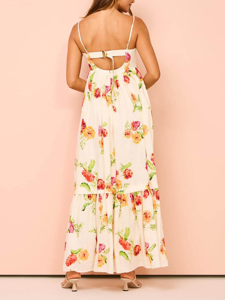 Robe extra longue dos nu à imprimé floral unique