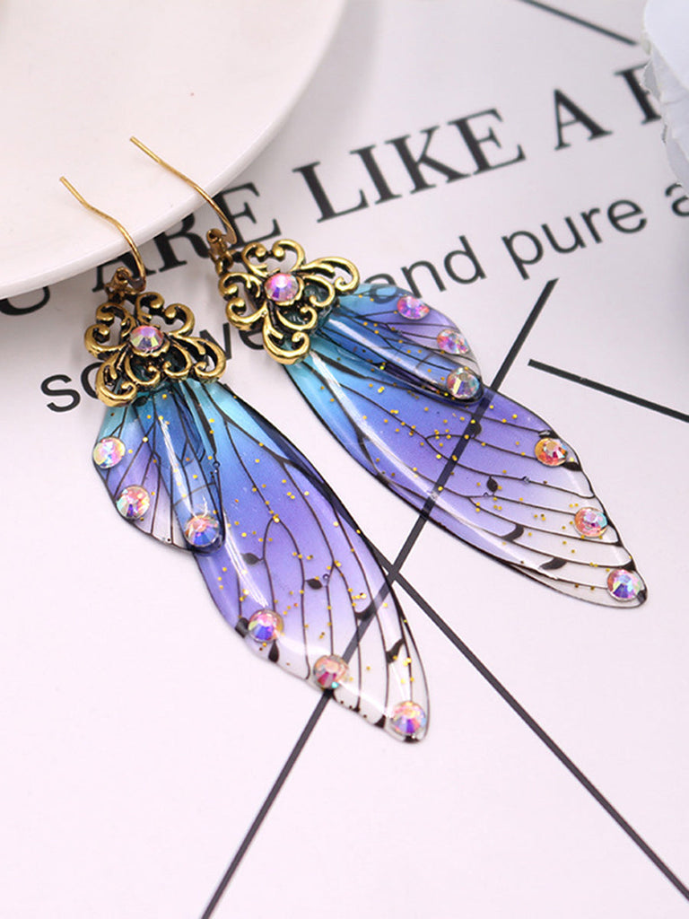 Boucles d'oreilles en cristal d'aile de cigale avec strass bleu et ailes de papillon