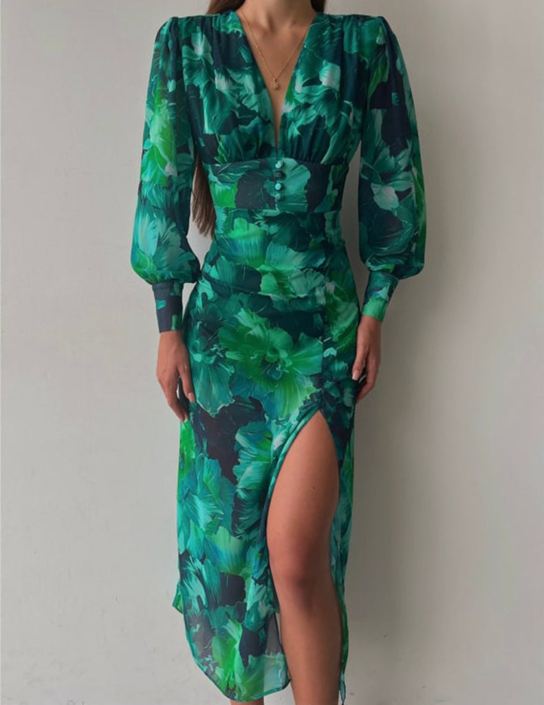 Calista Green Bloom V-neck Long Sleeve Maxi Dress