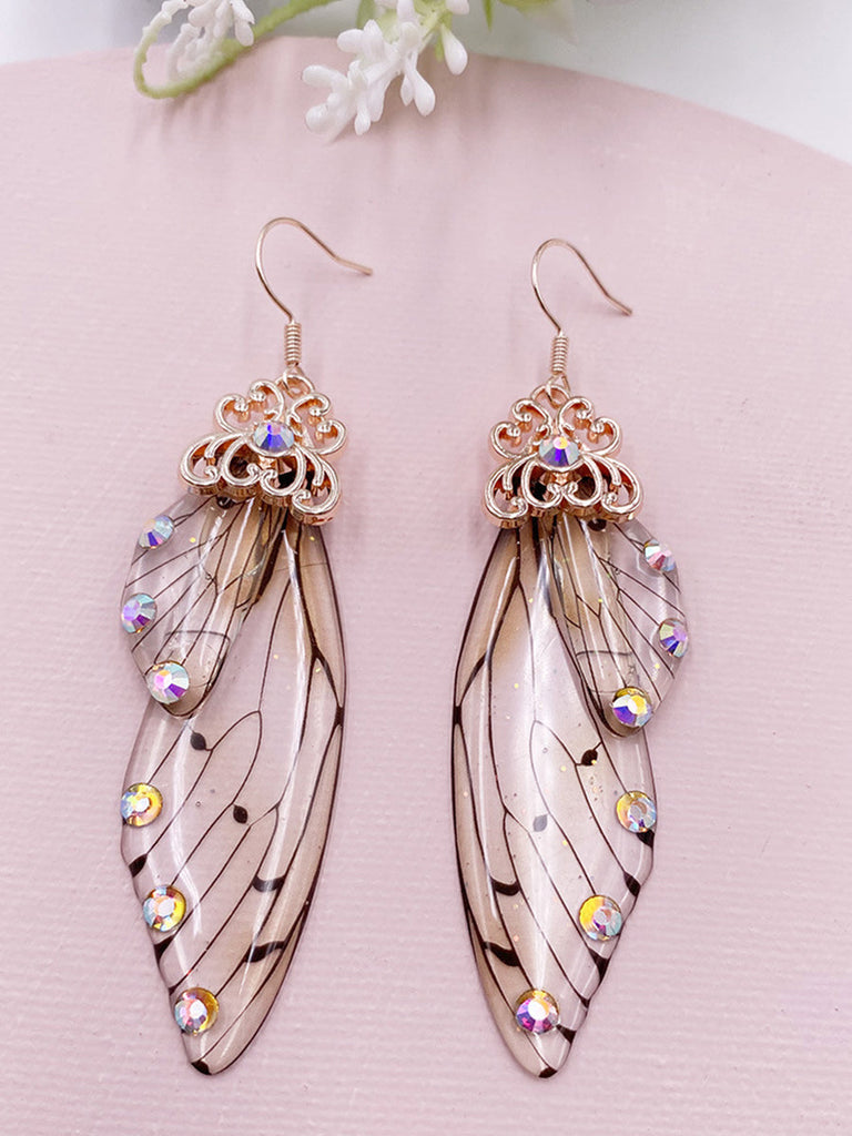 Boucles d'oreilles ailes de cigale en cristal strass gris ailes de papillon