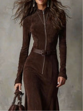 Load image into Gallery viewer, Brown Vintage Zipper Belted Midi Dress£¨Includes belt£©