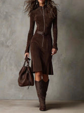 Load image into Gallery viewer, Brown Vintage Zipper Belted Midi Dress£¨Includes belt£©