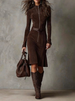 Brown Vintage Zipper Belted Midi Dress£¨Includes belt£©