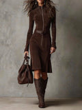 Brown Vintage Zipper Belted Midi Dress£¨Includes belt£©