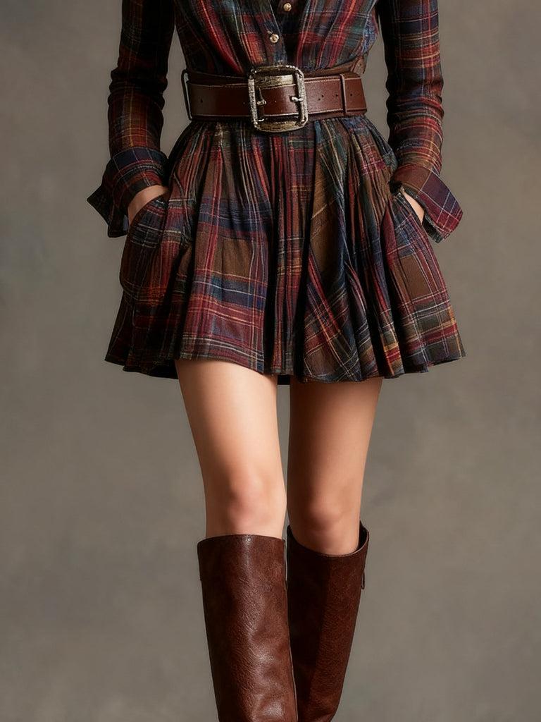 Vintage Lapel Red and Brown Plaid Mini Dress£¨Includes belt£