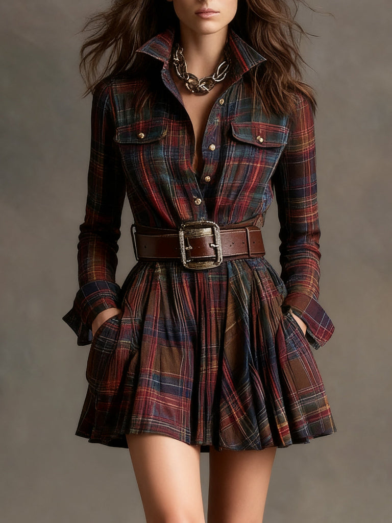 Vintage Lapel Red and Brown Plaid Mini Dress£¨Includes belt£