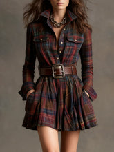 Load image into Gallery viewer, Vintage Lapel Red and Brown Plaid Mini Dress£¨Includes belt£