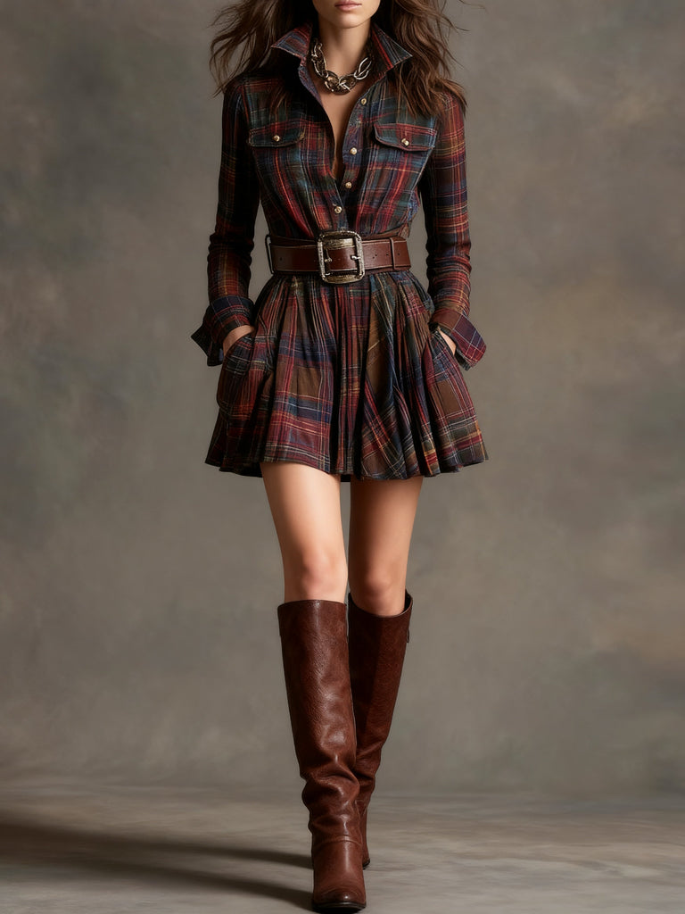 Vintage Lapel Red and Brown Plaid Mini Dress£¨Includes belt£