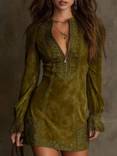 Load image into Gallery viewer, Vintage Blue Suede Lace Trim Mini Dress