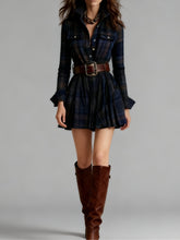 Load image into Gallery viewer, Vintage Lapel Red and Brown Plaid Mini Dress£¨Includes belt£
