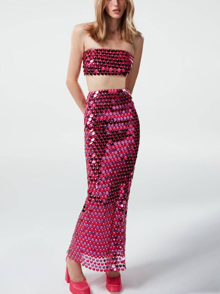 Fashionable Sequined Busty Long Skirt Suit