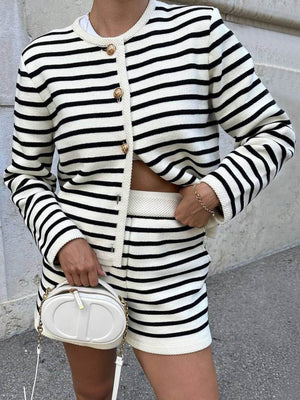 Vintage Striped Crew Neck Knit Shorts set