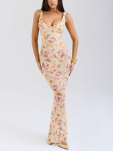 Load image into Gallery viewer, Elegant Square Neck Mesh Floral Print Maxi Dress