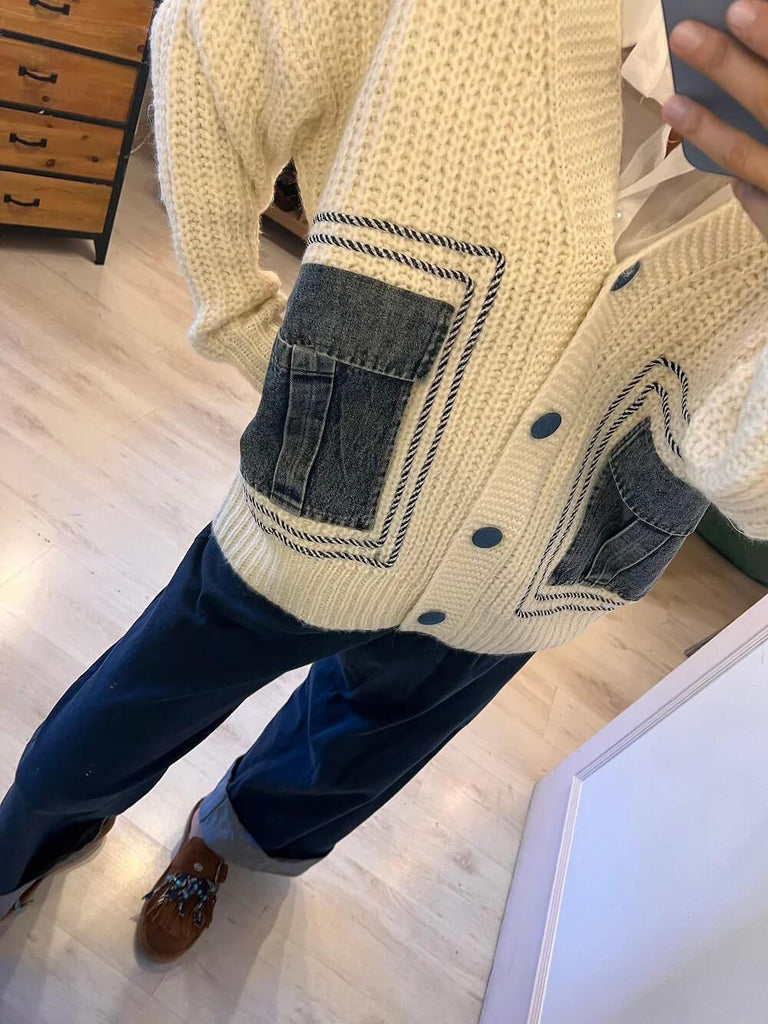 Unique Denim Patchwork Cardigan Sweater Jacket