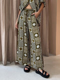 Unique Pattern Print Elastic Waist Pocket Wide Leg Pants