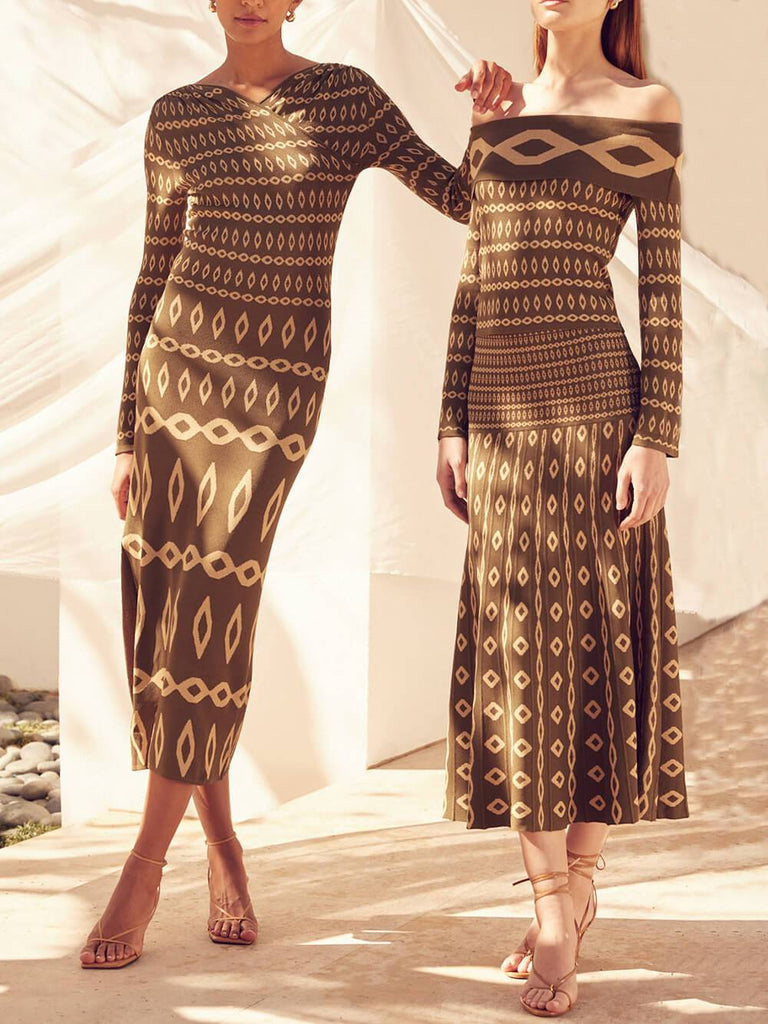 Exquisite Geometric Pattern Geometric Jacquard Flared Sleeve Knit set