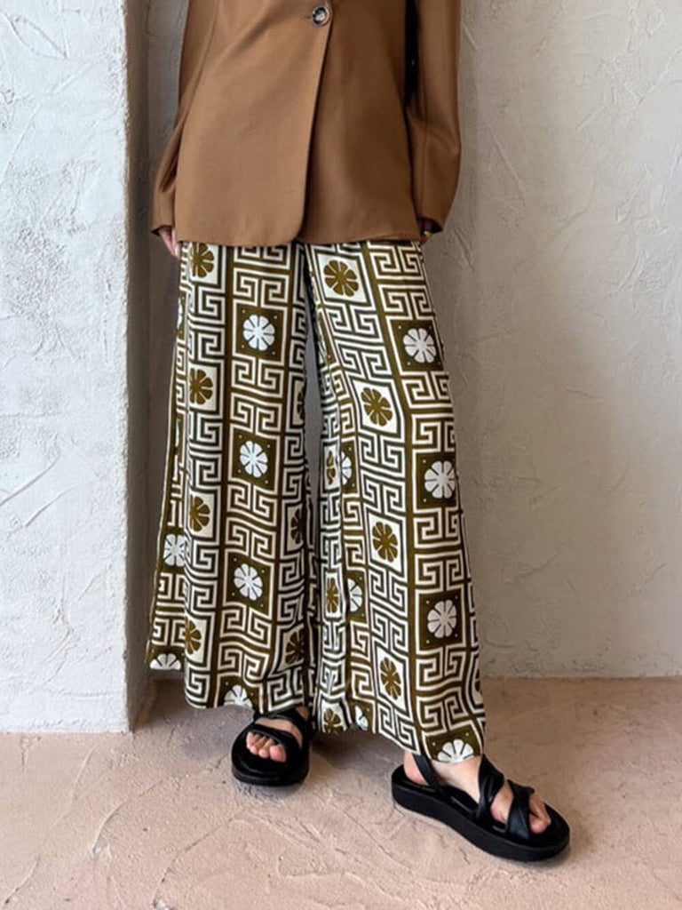 Unique Pattern Print Elastic Waist Pocket Wide Leg Pants