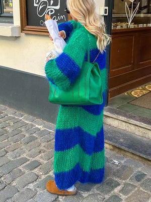 Lazy Style Contrast Striped Sweater Long Coat
