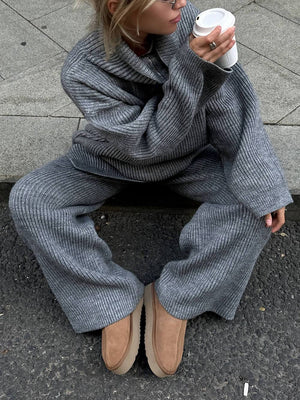 Classic Solid Color Knitted Oversized Loose Ribbed Top And Wide-Leg Pants Set
