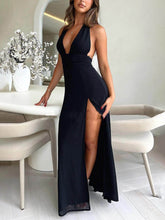 Görseli Galeri görüntüleyiciye yükleyin, Elegant and Sexy V-Neck Backless Waist Tie High Slit Maxi Dress