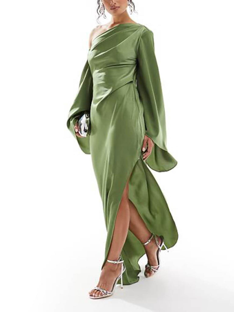 Asymmetrical One Shoulder Bell Sleeve Slit Maxi Dress