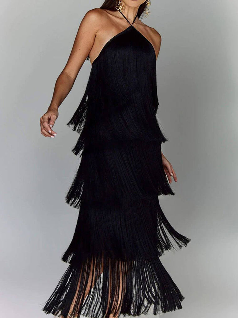 Fashionable Halter Neck Tassel Backless Slit Party Dress