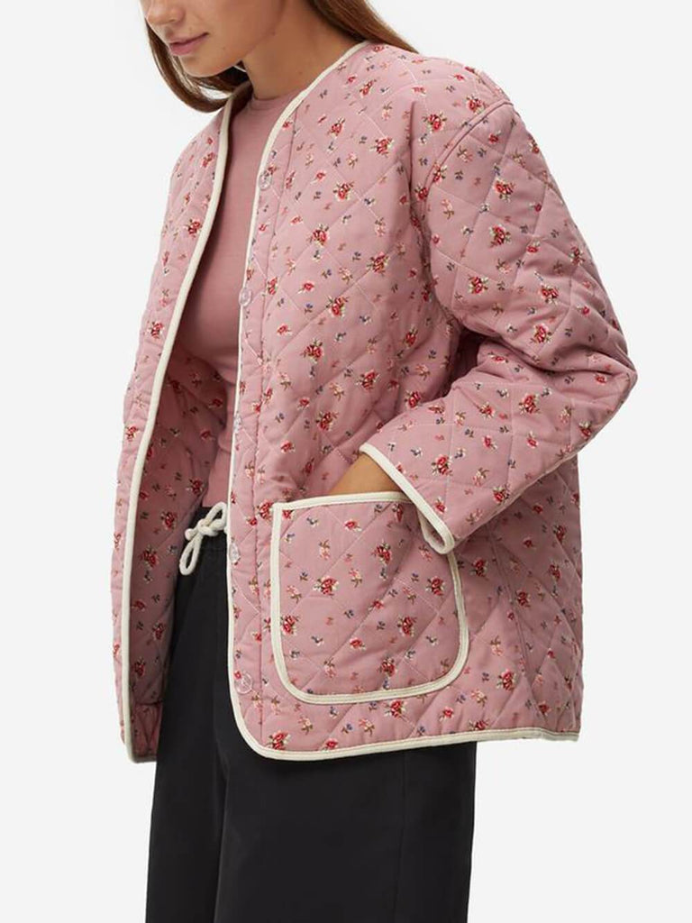 Unique Quilted Pink Flower Pocket Jacket