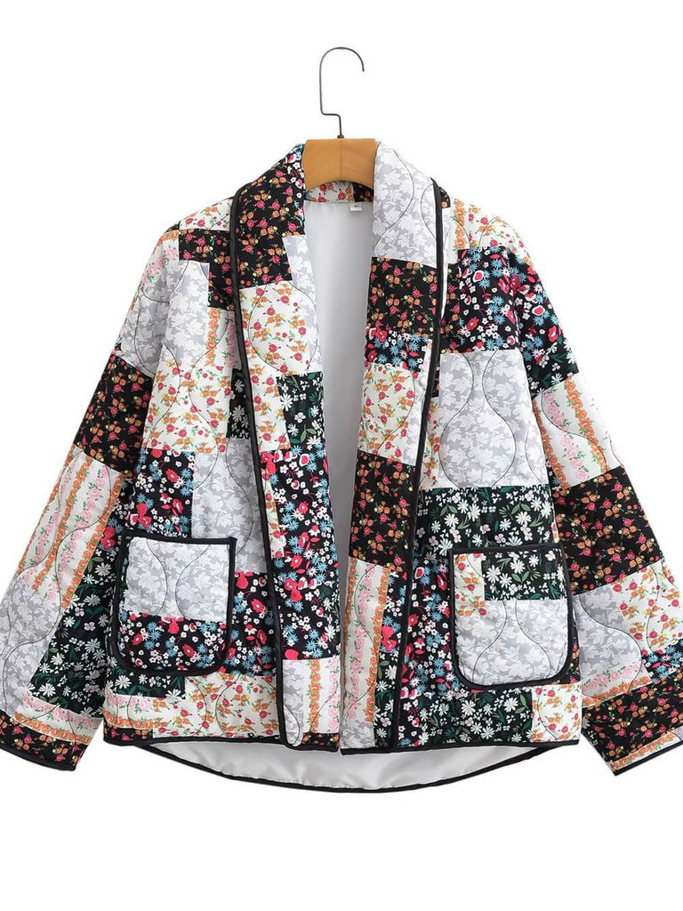 Floral Patchwork Print Lapel Pocket Jacket