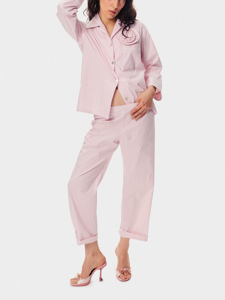 Pink Stripes Print Loose Pajama Set