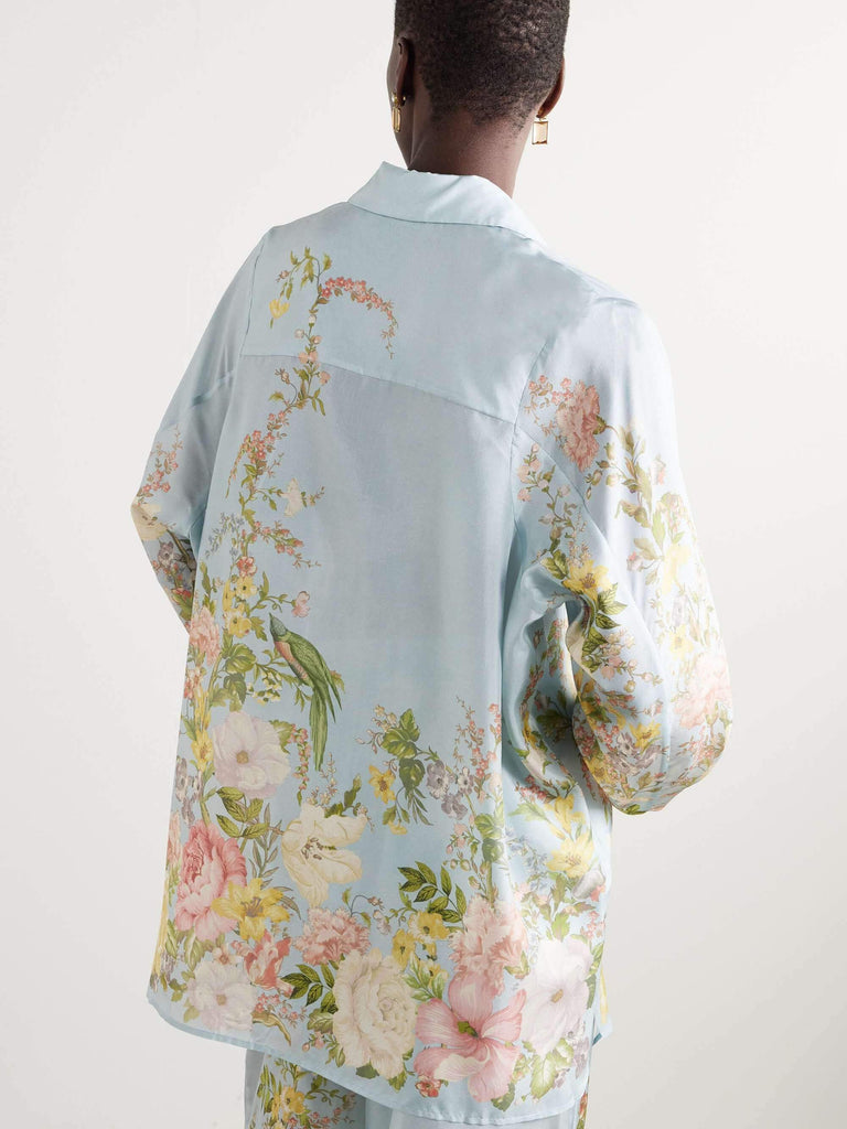 Fine Satin Positioning Floral Print Long Sleeve Shirt