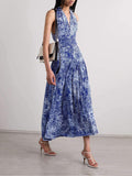 Elegant Halterneck Small Floral A-line Midi Dress