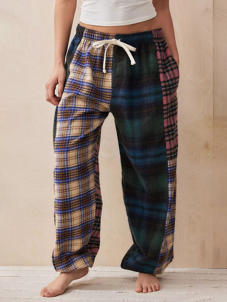 Unique Plaid Trousers Loose Stitching Pajama Set