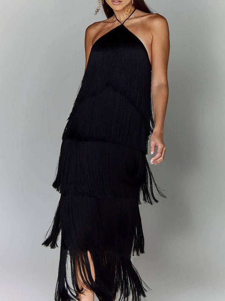 Fashionable Halter Neck Tassel Backless Slit Party Dress