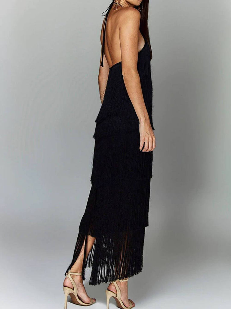 Fashionable Halter Neck Tassel Backless Slit Party Dress