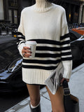 Classic Black And White Color Matching Loose Mock Neck Stripe Sweater