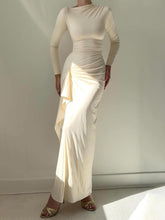 Load image into Gallery viewer, Elegant Ruched Side Slit Drape Ruffles Back Lace-up Stretch Maxi Dress