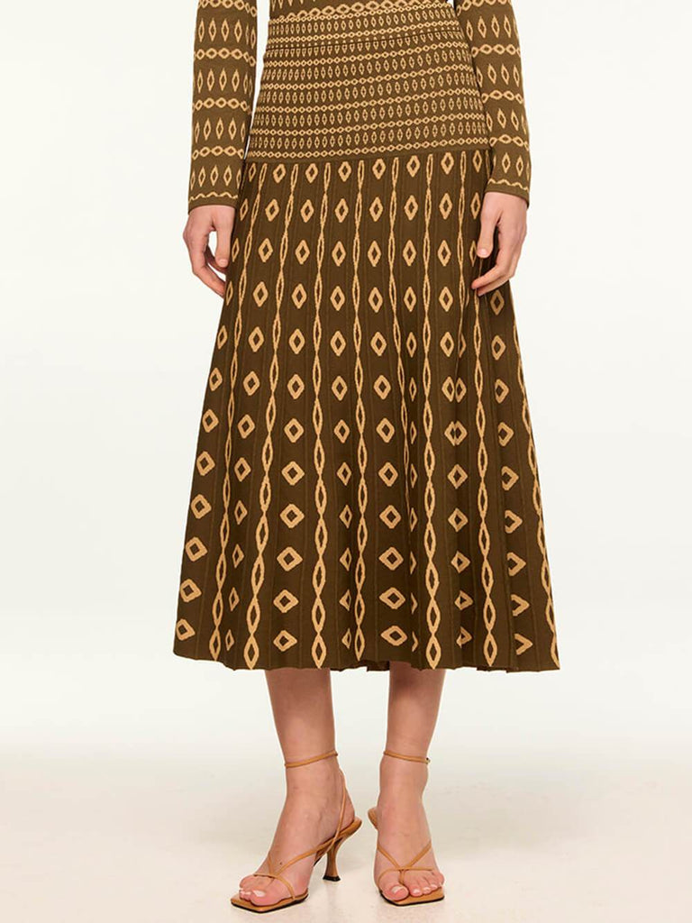 Sophisticated Geometric Jacquard Flared Pleated Skirt