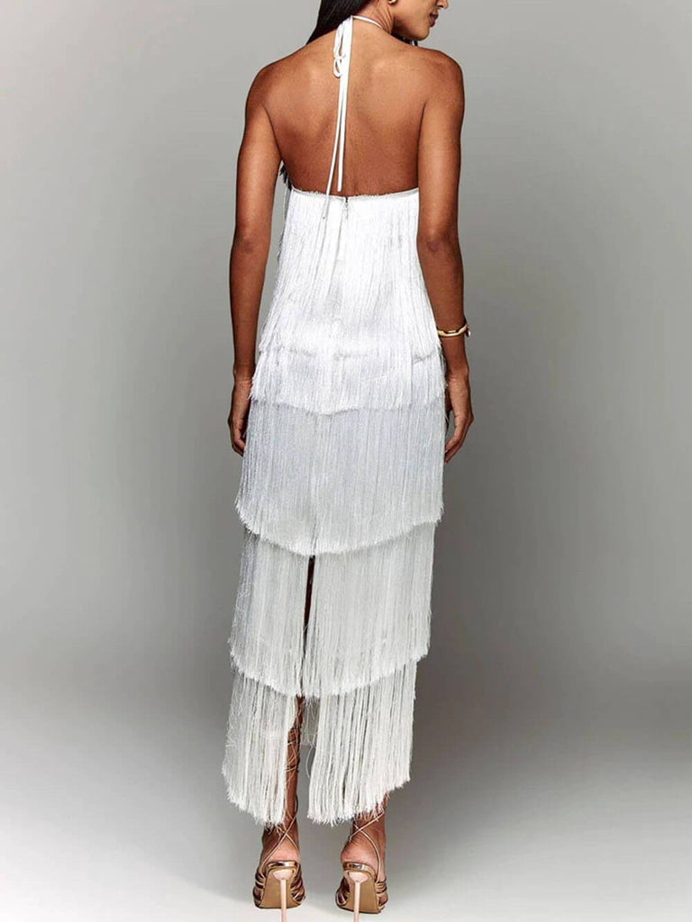 Fashionable Halter Neck Tassel Backless Slit Party Dress