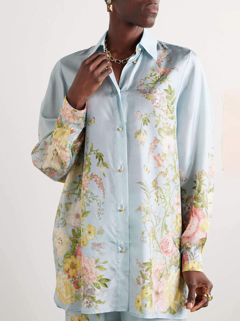 Fine Satin Positioning Floral Print Long Sleeve Shirt