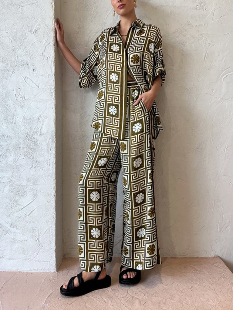 Unique Pattern Print Elastic Waist Pocket Wide Leg Pants