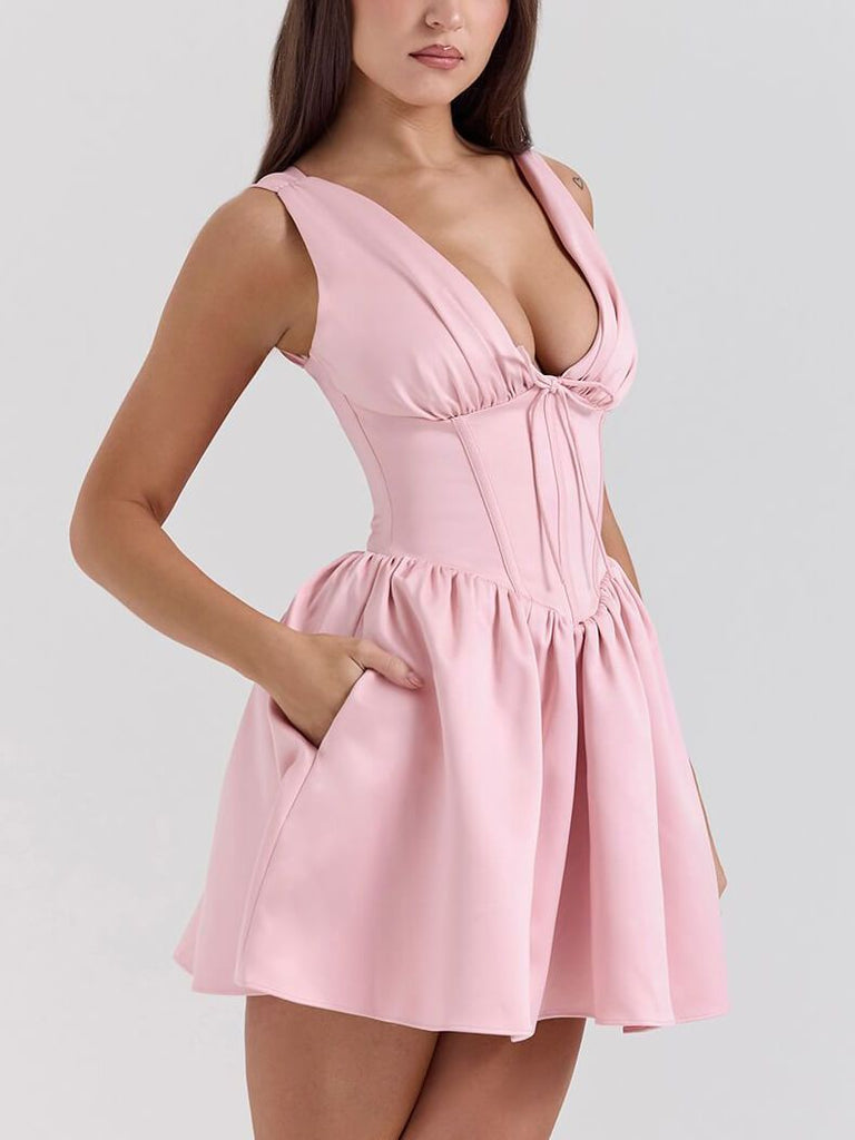 Elegant Satin Bow V Neck Mini Dress