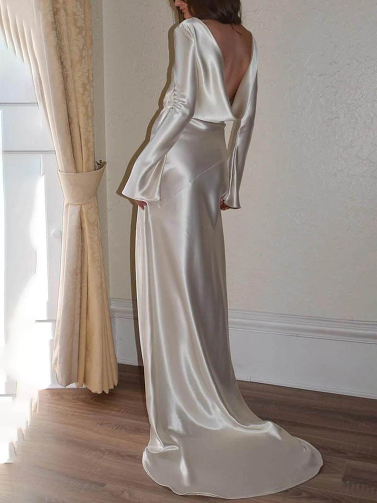 Elegant And Exquisite Satin Backless Round Neck Maxi Dress